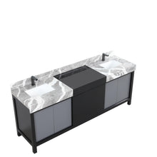 Load image into Gallery viewer, Lexora LZ342284DLISFBG Zilara 84&quot; Black and Grey Double Vanity, Castle Grey Marble Tops, White Square Sinks, and Balzani Gun Metal Faucet Set