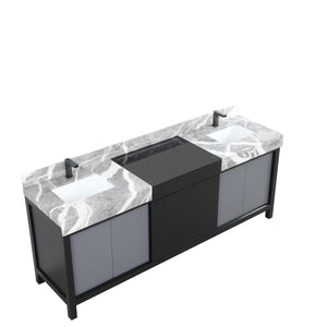 Lexora LZ342284DLISFBG Zilara 84" Black and Grey Double Vanity, Castle Grey Marble Tops, White Square Sinks, and Balzani Gun Metal Faucet Set