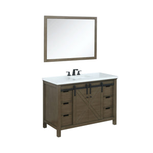 Lexora LM342248SKCSM44F Marsyas 48" Rustic Brown Single Vanity, White Quartz Top, White Square Sink and 44" Mirror w/ Faucet