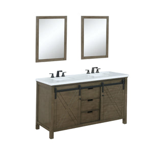 Lexora LM342260DKCSM24F Marsyas 60" Rustic Brown Double Vanity, White Quartz Top, White Square Sinks and 24" Mirrors w/ Faucets