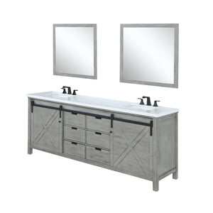 Lexora LM342280DHCSM30F Marsyas 80" Ash Grey Double Vanity Ash Grey, White Quartz Top, White Square Sinks and 30" Mirrors w/ Faucets
