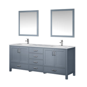 Lexora LJ342280DBDSM30F Jacques 80" Dark Grey Double Vanity, White Carrara Marble Top, White Square Sinks and 30" Mirrors w/ Faucets