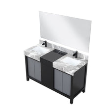 Load image into Gallery viewer, Lexora LZ342255SLISM53FCM Zilara 55&quot; Black and Grey Double Vanity, Castle Grey Marble Tops, White Square Sinks, Cascata Nera Matte Black Faucet Set, and 53&quot; Frameless Mirror