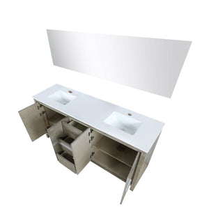 Lexora LLF72DKSODM70 Lafarre 72" Rustic Acacia Double Bathroom Vanity, White Quartz Top, White Square Sinks, and 70" Frameless Mirror