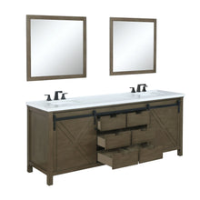 Load image into Gallery viewer, Lexora LM342280DKCSM30F Marsyas 80&quot; Rustic Brown Double Vanity, White Quartz Top, White Square Sinks and 30&quot; Mirrors w/ Faucets