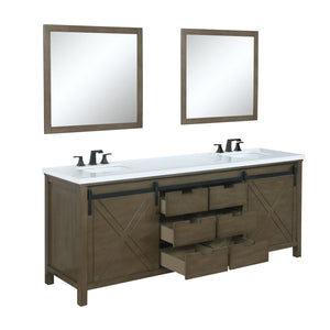 Lexora LM342280DKCSM30F Marsyas 80" Rustic Brown Double Vanity, White Quartz Top, White Square Sinks and 30" Mirrors w/ Faucets