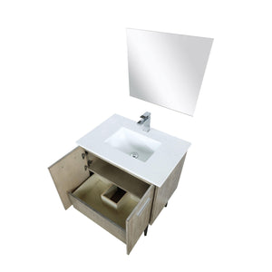 Lexora LLC30SKSOSM28FCH Lancy 30" Rustic Acacia Bathroom Vanity, White Quartz Top, White Square Sink, Monte Chrome Faucet Set, and 28" Frameless Mirror