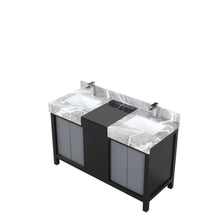 Load image into Gallery viewer, Lexora LZ342255SLISFMC Zilara 55&quot; Black and Grey Double Vanity, Castle Grey Marble Tops, White Square Sinks, and Monte Chrome Faucet Set