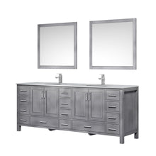 Load image into Gallery viewer, Lexora LJ342284DDDSM34F Jacques 84&quot; Distressed Grey Double Vanity, White Carrara Marble Top, White Square Sinks and 34&quot; Mirrors w/ Faucets