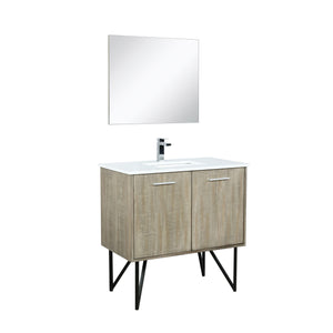 Lexora LLC36SKSOSM28FRG Lancy 36" Rustic Acacia Bathroom Vanity, White Quartz Top, White Square Sink, Labaro Rose Gold Faucet Set, and 28" Frameless Mirror