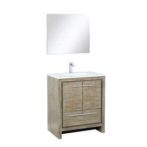 Lexora LLF30SKSOSM28FRG Lafarre 30" Rustic Acacia Bathroom Vanity, White Quartz Top, White Square Sink, Labaro Rose Gold Faucet Set, and 28" Frameless Mirror