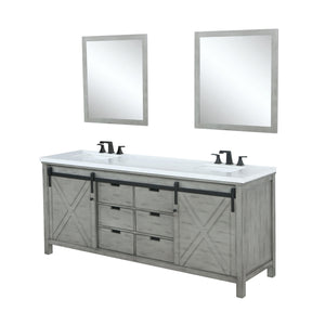 Lexora LM342284DHCSM34F Marsyas 84" Ash Grey Double Vanity, White Quartz Top, White Square Sinks and 34" Mirrors w/ Faucets