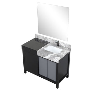 Lexora LZ342242SLISM34FBG Zilara 42" Black and Grey Vanity, Castle Grey Marble Top, White Square Sink, Balzani Gun Metal Faucet Set, and 34" Frameless Mirror