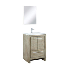 Load image into Gallery viewer, Lexora LLF24SKSOSM18FGM Lafarre 24&quot; Rustic Acacia Bathroom Vanity, White Quartz Top, White Square Sink, Balzani Gun Metal Faucet Set, and 18&quot; Frameless Mirror