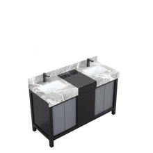 Load image into Gallery viewer, Lexora LZ342255SLISFBG Zilara 55&quot; Black and Grey Double Vanity, Castle Grey Marble Tops, White Square Sinks, and Balzani Gun Metal Faucet Set