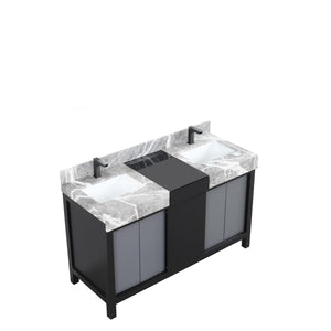 Lexora LZ342255SLISFBG Zilara 55" Black and Grey Double Vanity, Castle Grey Marble Tops, White Square Sinks, and Balzani Gun Metal Faucet Set