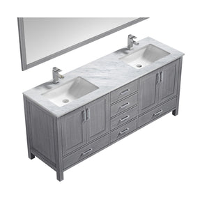 Lexora LJ342272DDDSM70F Jacques 72" Distressed Grey Double Vanity, White Carrara Marble Top, White Square Sinks and 70" Mirror w/ Faucets