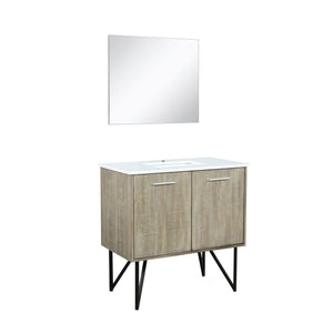 Lexora LLC36SKSOSM28 Lancy 36" Rustic Acacia Bathroom Vanity, White Quartz Top, White Square Sink, and 28" Frameless Mirror