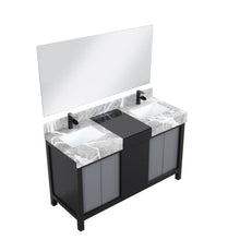 Load image into Gallery viewer, Lexora LZ342255SLISM53FCM Zilara 55&quot; Black and Grey Double Vanity, Castle Grey Marble Tops, White Square Sinks, Cascata Nera Matte Black Faucet Set, and 53&quot; Frameless Mirror