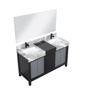 Lexora LZ342255SLISM53FCM Zilara 55" Black and Grey Double Vanity, Castle Grey Marble Tops, White Square Sinks, Cascata Nera Matte Black Faucet Set, and 53" Frameless Mirror