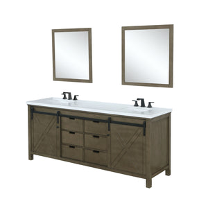 Lexora LM342284DKCSM34F Marsyas 84" Rustic Brown Double Vanity, White Quartz Top, White Square Sinks and 34" Mirrors w/ Faucets