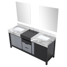 Load image into Gallery viewer, Lexora LZ342272DLISM28 Zilara 72&quot; Black and Grey Double Vanity, Castle Grey Marble Tops, White Square Sinks, and 28&quot; Frameless Mirrors