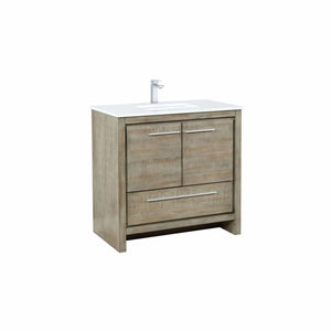 Lexora LLF36SKSOS000FRG Lafarre 36" Rustic Acacia Bathroom Vanity, White Quartz Top, White Square Sink, and Labaro Rose Gold Faucet Set