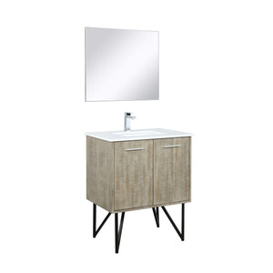 Lexora LLC30SKSOSM28FCH Lancy 30" Rustic Acacia Bathroom Vanity, White Quartz Top, White Square Sink, Monte Chrome Faucet Set, and 28" Frameless Mirror