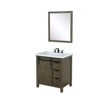 Load image into Gallery viewer, Lexora LM342230SKCSM28F Marsyas 30&quot; Rustic Brown Single Vanity, White Quartz Top, White Square Sink and 28&quot; Mirror w/ Faucet