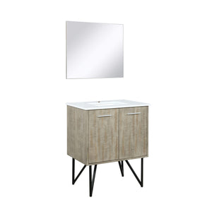 Lexora LLC30SKSOSM28 Lancy 30" Rustic Acacia Bathroom Vanity, White Quartz Top, White Square Sink, and 28" Frameless Mirror