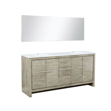 Load image into Gallery viewer, Lexora LLF72DKSODM70 Lafarre 72&quot; Rustic Acacia Double Bathroom Vanity, White Quartz Top, White Square Sinks, and 70&quot; Frameless Mirror