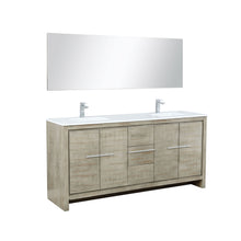 Load image into Gallery viewer, Lexora LLF72DKSODM70FCH Lafarre 72&quot; Rustic Acacia Double Bathroom Vanity, White Quartz Top, White Square Sinks, Monte Chrome Faucet Set, and 70&quot; Frameless Mirror