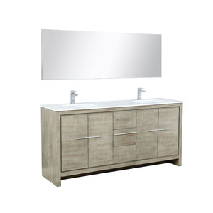 Lexora LLF72DKSODM70FCH Lafarre 72" Rustic Acacia Double Bathroom Vanity, White Quartz Top, White Square Sinks, Monte Chrome Faucet Set, and 70" Frameless Mirror