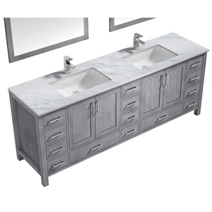 Lexora LJ342284DDDSM34F Jacques 84" Distressed Grey Double Vanity, White Carrara Marble Top, White Square Sinks and 34" Mirrors w/ Faucets