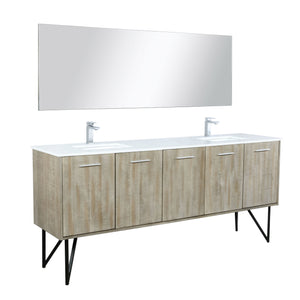 Lexora LLC80DKSOSM70FGM Lancy 80" Rustic Acacia Double Bathroom Vanity, White Quartz Top, White Square Sinks, Balzani Gun Metal Faucet Set, and 70" Frameless Mirror