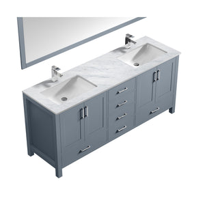 Lexora LJ342272DBDSM70F Jacques 72" Dark Grey Double Vanity, White Carrara Marble Top, White Square Sinks and 70" Mirror w/ Faucets