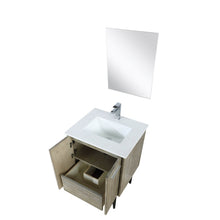 Load image into Gallery viewer, Lexora LLC24SKSOSM18FGM Lancy 24&quot; Rustic Acacia Bathroom Vanity, White Quartz Top, White Square Sink, Balzani Gun Metal Faucet Set, and 18&quot; Frameless Mirror