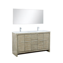 Load image into Gallery viewer, Lexora LLF60DKSODM55FRG Lafarre 60&quot; Rustic Acacia Double Bathroom Vanity, White Quartz Top,White Square Sinks, Labaro Rose Gold Faucet Set, and 55&quot; Frameless Mirror