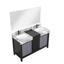 Load image into Gallery viewer, Lexora LZ342255SLISM53FBG Zilara 55&quot; Black and Grey Double Vanity, Castle Grey Marble Tops, White Square Sinks, Balzani Gun Metal Faucet Sets, and 53&quot; Frameless Mirror