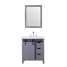 Load image into Gallery viewer, Lexora LM342230SBBSM28F Marsyas 30&quot; Dark Grey Single Vanity, White Carrara Marble Top, White Square Sink and 28&quot; Mirror w/ Faucet