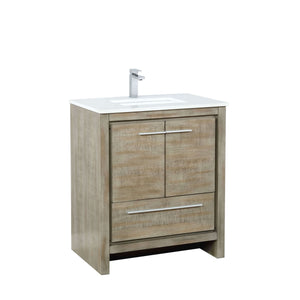 Lexora LLF30SKSOS000FRG Lafarre 30" Rustic Acacia Bathroom Vanity, White Quartz Top, White Square Sink, and Labaro Rose Gold Faucet Set