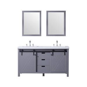 Lexora LM342260DBBSM24F Marsyas 60" Dark Grey Double Vanity, White Carrara Marble Top, White Square Sinks and 24" Mirrors w/ Faucets
