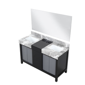 Lexora LZ342255SLISM53 Zilara 55" Black and Grey Double Vanity, Castle Grey Marble Tops, White Square Sinks, and 53" Frameless Mirror