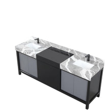 Load image into Gallery viewer, Lexora LZ342284DLISFBG Zilara 84&quot; Black and Grey Double Vanity, Castle Grey Marble Tops, White Square Sinks, and Balzani Gun Metal Faucet Set