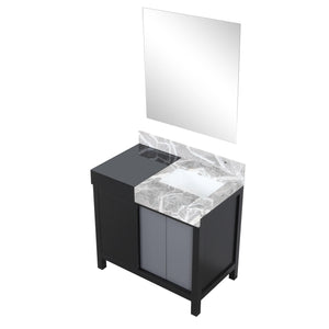 Lexora LZ342236SLISM30 Zilara 36" Black and Grey Vanity, Castle Grey Marble Top, White Square Sink, and 30" Frameless Mirror