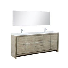 Load image into Gallery viewer, Lexora LLF80DKSODM70FBN Lafarre 80&quot; Rustic Acacia Double Bathroom Vanity, White Quartz Top, White Square Sinks, Labaro Brushed Nickel Faucet Set, and 70&quot; Frameless Mirror