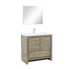 Load image into Gallery viewer, Lexora LLF36SKSOSM28FBN Lafarre 36&quot; Rustic Acacia Bathroom Vanity, White Quartz Top, White Square Sink, Labaro Brushed Nickel Faucet Set, and 28&quot; Frameless Mirror