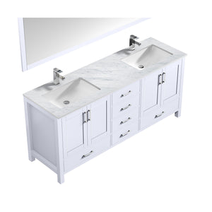 Lexora LJ342272DADSM70F Jacques 72" White Double Vanity, White Carrara Marble Top, White Square Sinks and 70" Mirror w/ Faucets