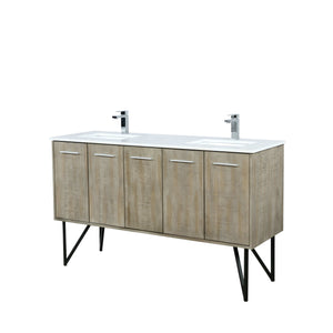 Lexora LLC60DKSOS000FCH Lancy 60" Rustic Acacia Double Bathroom Vanity, White Quartz Top, White Square Sinks, and Monte Chrome Faucet Set