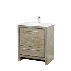 Lexora LLF30SKSOS000FGM Lafarre 30" Rustic Acacia Bathroom Vanity, White Quartz Top, White Square Sink, and Balzani Gun Metal Faucet Set